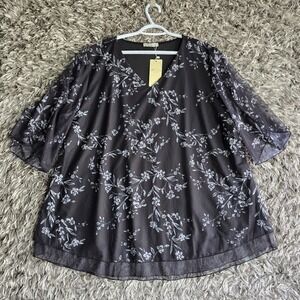 Sese Code Womens Plus Size XXXL Black Floral Mesh V-Neck Flutter Sleeve Tunic